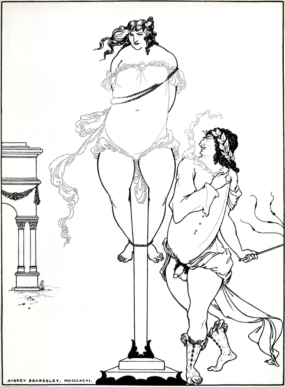 Aubrey Beardsley, Juvénal flagellant une femme, 1896, encre sur graphite sur papier, 24,4 x 17,5 cm