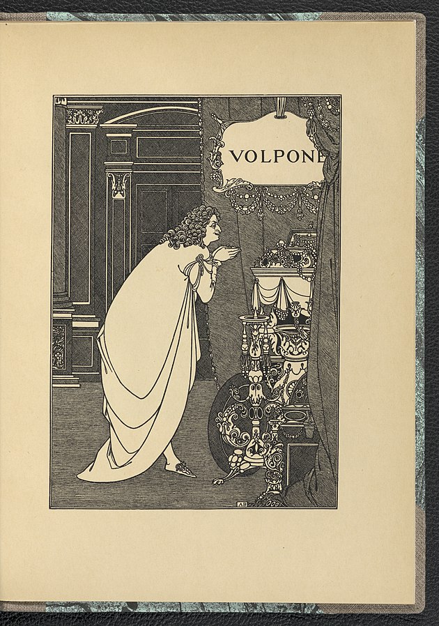 Aubrey Beardsley, Volpone en adoration devant son trésor, 1898, encre sur graphite sur papier, 29 x 20,4 cm